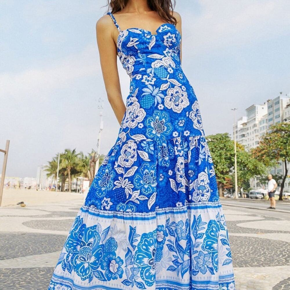 FARM Rio Blue & White Floral Tiered Midi Dress